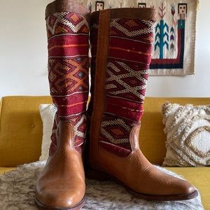 Handmade Mexican leather and textile knee-high boot in GUC. Size 8